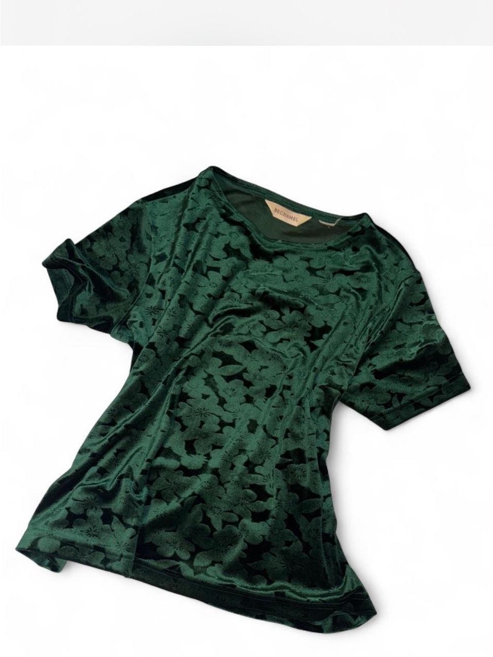 Bechamel Dark Green Velvet Floral Short Sleeve Top